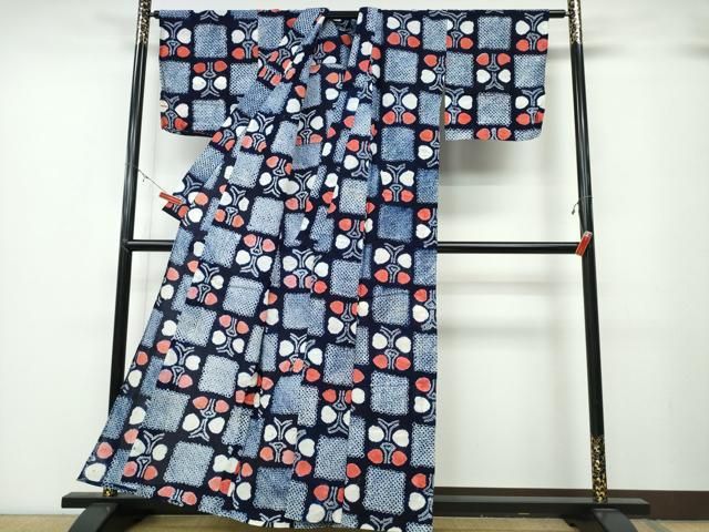 平和屋着物∴夏物 浴衣 有松鳴海絞り 市松舞蝶文 綿 ng