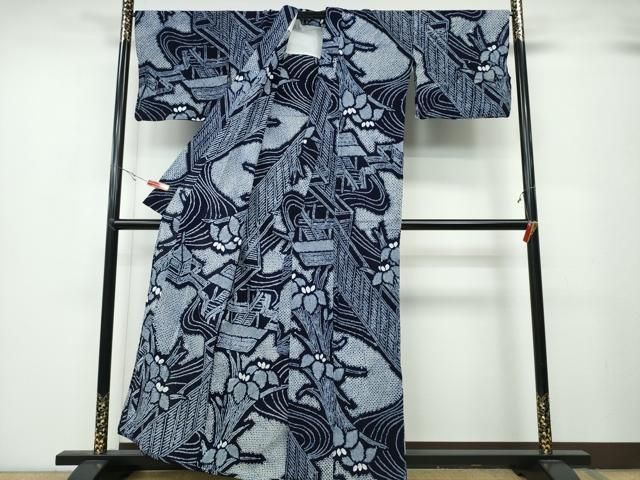 平和屋着物∴夏物 浴衣 有松鳴海絞り 流水杜若風景文 綿 ng