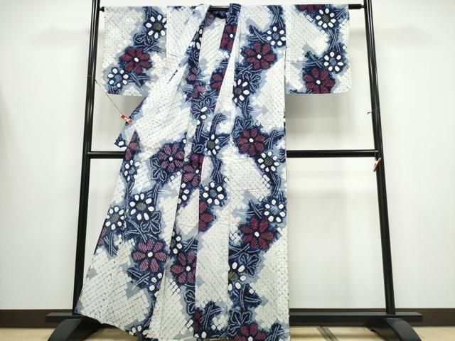 平和屋着物∴夏物 浴衣 有松鳴海絞り 芝草菊文 綿 ng