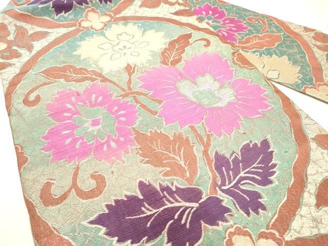 平和屋着物 アンティーク 大正ロマン 九寸名古屋帯 花唐草文 銀糸 正絹 fe