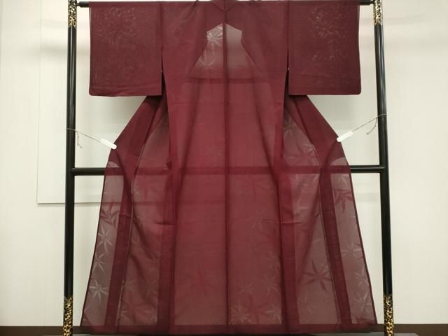 平和屋着物 夏物 色無地 絽 舞葉紋紗 暗紅色 正絹 ou