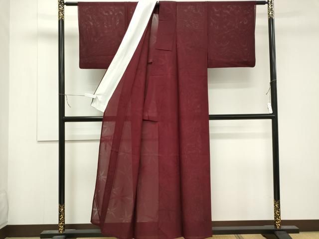 平和屋着物 夏物 色無地 絽 舞葉紋紗 暗紅色 正絹 ou