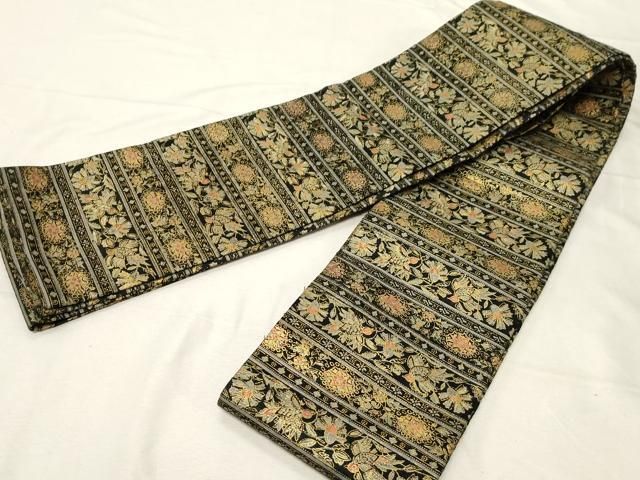 平和屋着物 半幅帯 紬地 更紗花鳥文 黒地 金彩 正絹 dy