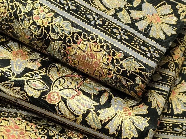 平和屋着物○半幅帯 紬地 更紗花鳥文 黒地 金彩 正絹 逸品 未使用