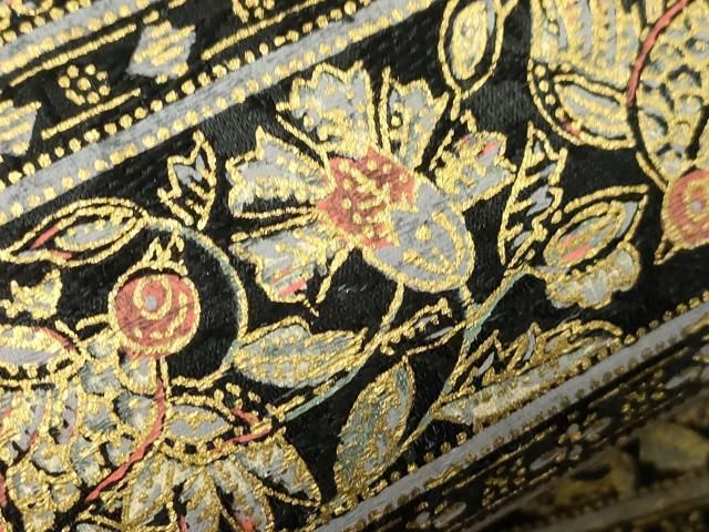 平和屋着物○半幅帯 紬地 更紗花鳥文 黒地 金彩 正絹 逸品 未使用