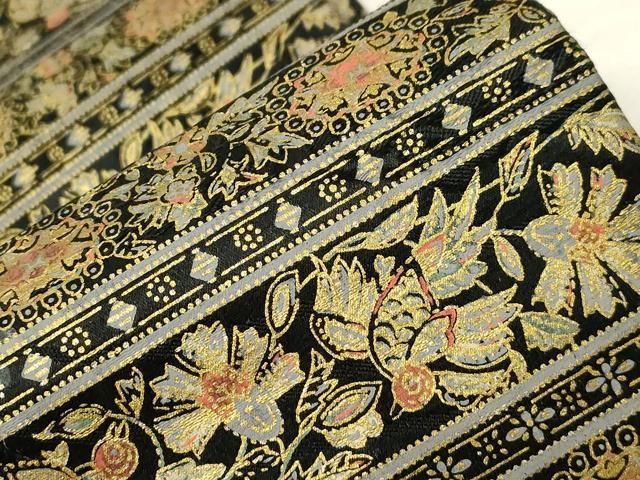 平和屋着物○半幅帯 紬地 更紗花鳥文 黒地 金彩 正絹 逸品 未使用