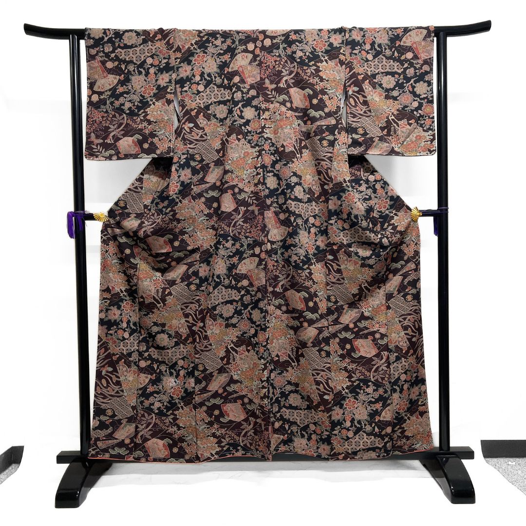 未着用 小紋 洗える着物 道長取り 花車 扇 宝尽くし 七宝 着物 123 b d ms