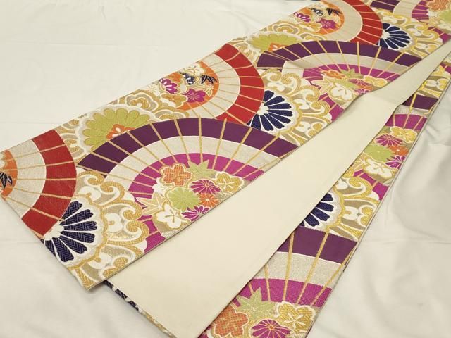 平和屋着物○六通柄袋帯 唐織 花燦々番傘紋 金銀糸 正絹 逸品