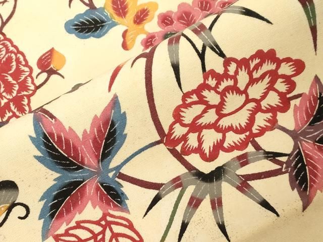 平和屋着物●九寸名古屋帯　紬地　型染め　花蝶文　正絹　逸品　未使用　CABA9189dy 平和屋着物○九寸名古屋帯 紬地 型染め 花蝶文 正絹 逸品 未使用