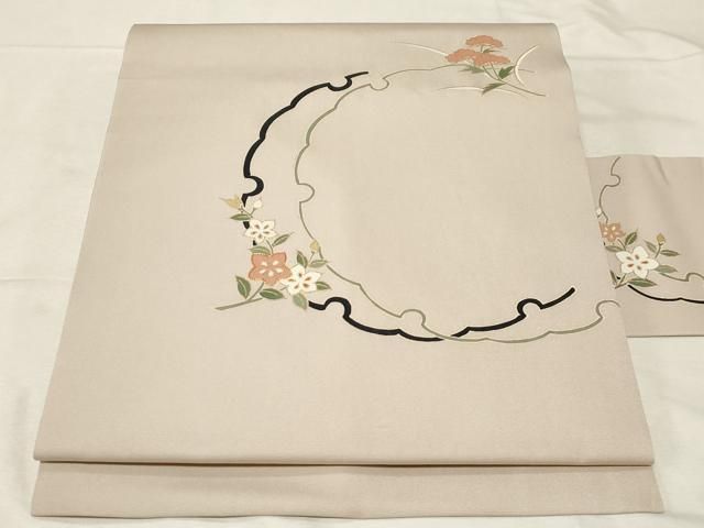 平和屋着物○塩瀬 九寸名古屋帯 雪輪草花文 金彩 正絹 逸品 未使用