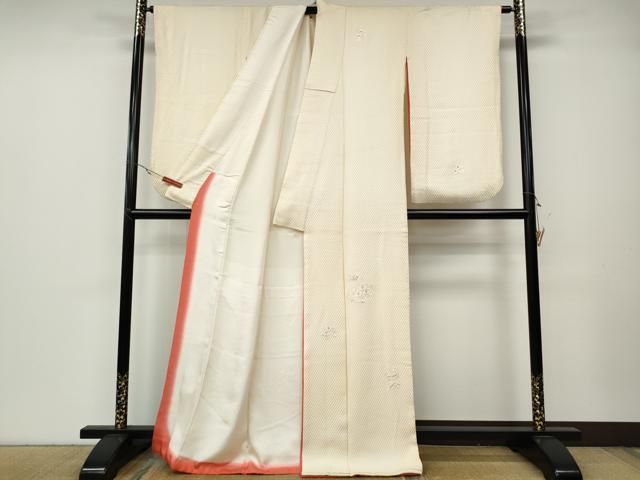 平和屋着物 小振袖 総刺繍 ふくれ織 花蝶文 薄卵色 銀糸 正絹 ut