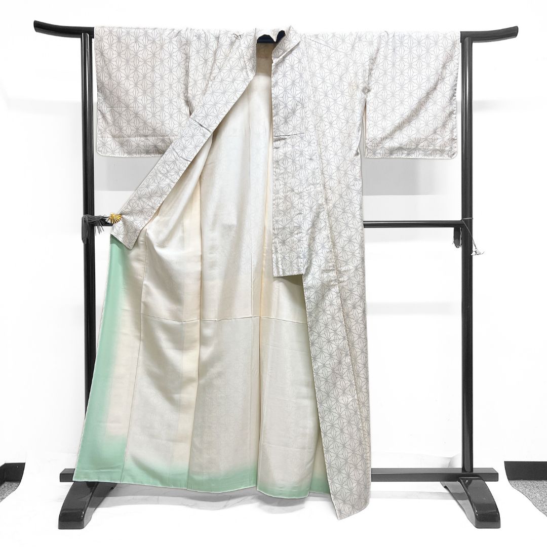  小紋 紬 麻の葉 十字絣 幾何学 白地 着物 123 b d ms 小紋 着物