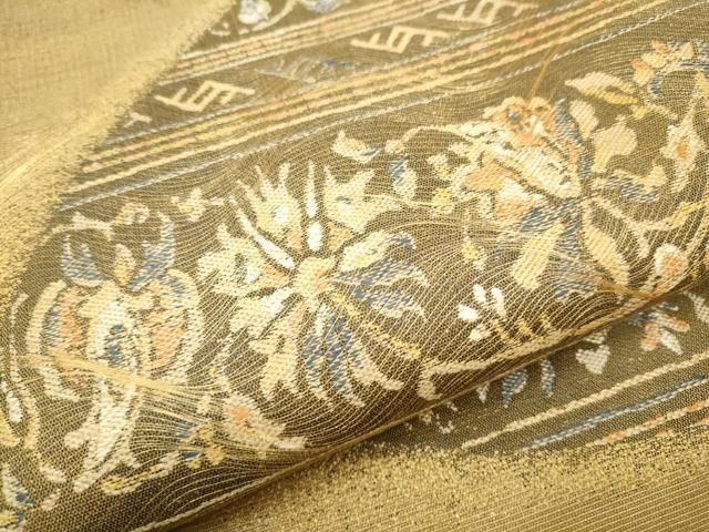 平和屋着物●名門　しょうざん　生紬　紙屋川伝承　絹漉貴　太鼓柄袋帯　更紗花文　金糸　正絹　逸品　CABB5630hy 平和屋着物○名門 しょうざん 生紬 紙屋川伝承 絹漉貴 太鼓柄袋帯 更紗