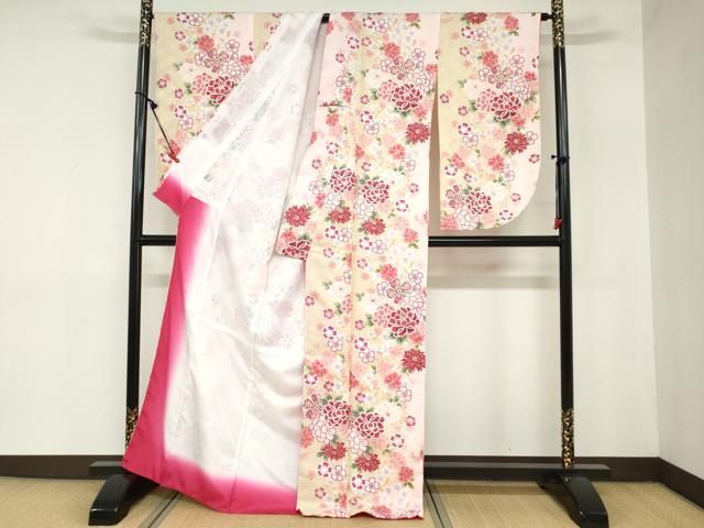 平和屋着物 H L アッシュエル HENRI-LUC CHAPUIS 小振袖 二尺袖 花尽くし文 金彩 洗える着物 ud