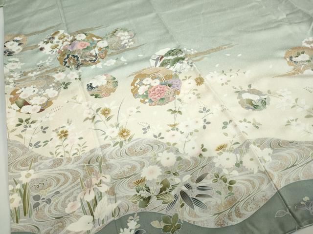 平和屋着物○訪問着 雪輪飛鶴草花文 暈し染め 金彩 ロング丈 正絹 逸品