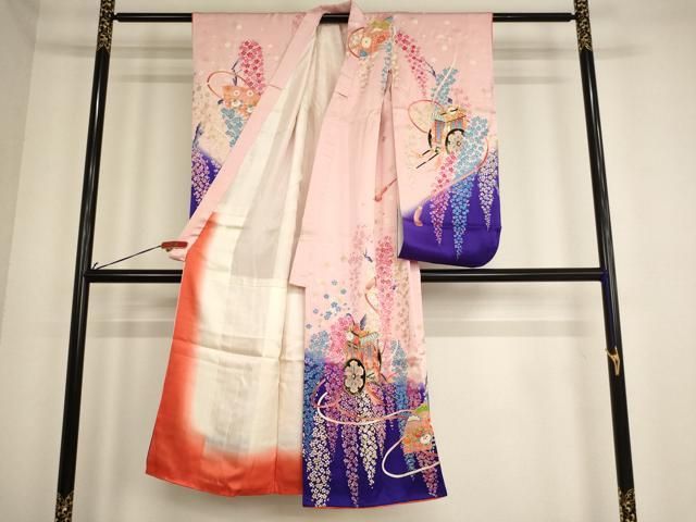 平和屋着物 七五三 女の子 ７歳 祝着 四つ身 駒刺繍 御所車花文 暈し染め 金彩 ja