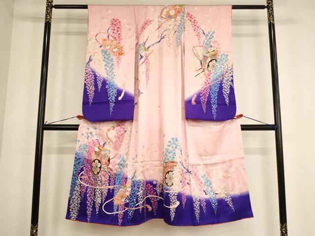 平和屋着物 七五三 女の子 ７歳 祝着 四つ身 駒刺繍 御所車花文 暈し染め 金彩 ja