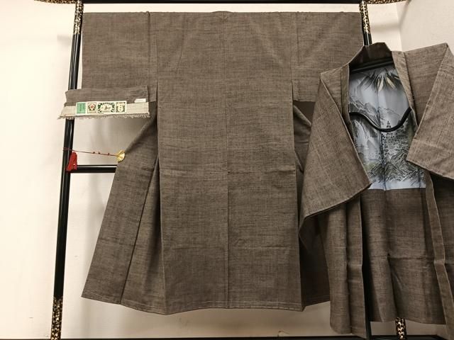 平和屋着物 男性 真綿結城紬 アンサンブル 手織り 色無地 江戸鼠色 おく玉 奥順織物謹製 反端付き 正絹 ph