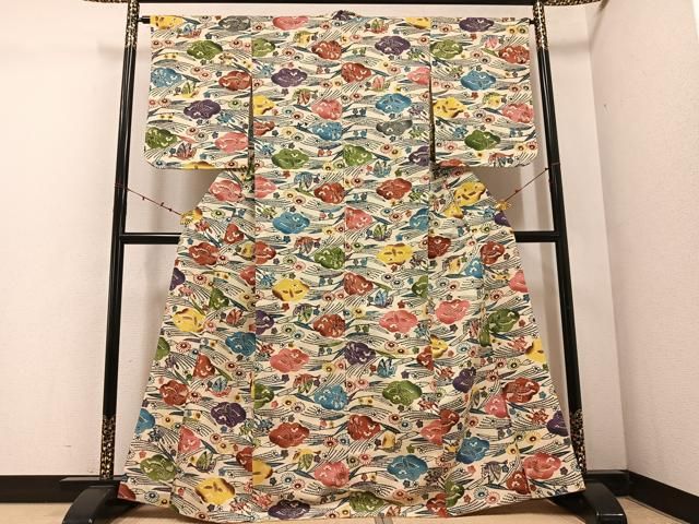 平和屋着物 上質な小紋 紅型 紬地 群れ鶴草花文 正絹 ph