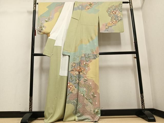 平和屋着物 訪問着 友禅 作家物 圭雲 駒刺繍 扇面草花文 金彩 正絹 ph