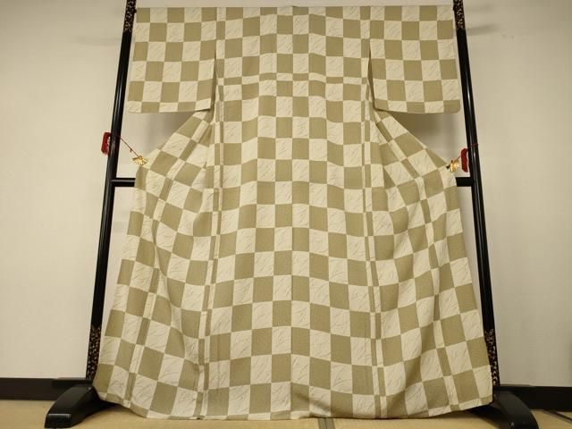 平和屋着物 夏物 小紋 絽 市松草葉文 洗える着物 jd