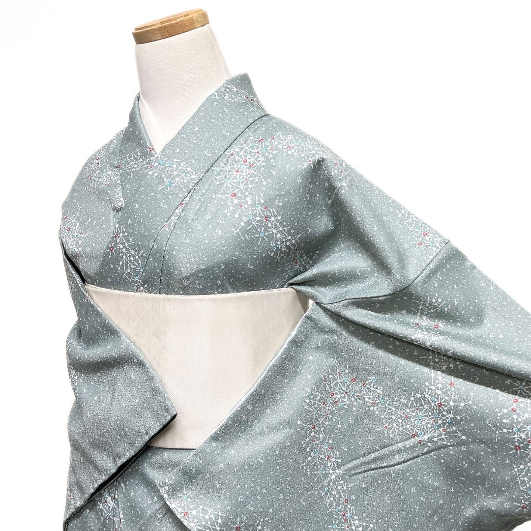 未着用 小紋 洗える着物 破れ麻の葉 抽象 ドット 着物 123 b d ms