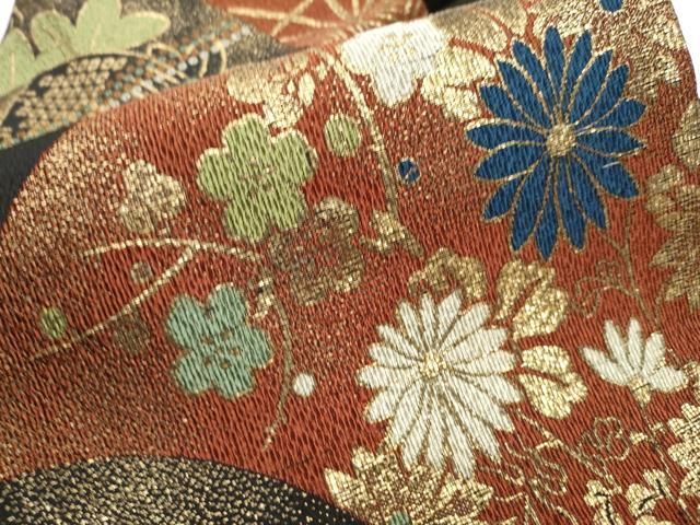 平和屋着物▽九寸名古屋帯 遠山草花文 金糸 正絹 逸品 CABB0771hy