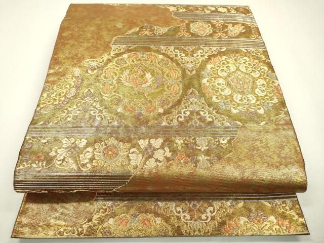 平和屋着物▽六通柄袋帯 道長正倉院鳳凰花文 金糸 引箔 正絹 逸品