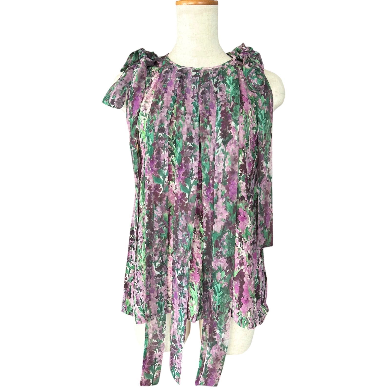 MaxMara シルク花柄ブラウス リボン装飾 38 ノースリーブ