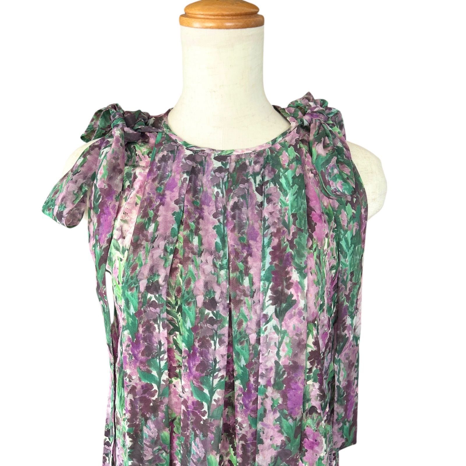 MaxMara シルク花柄ブラウス リボン装飾 38 ノースリーブ