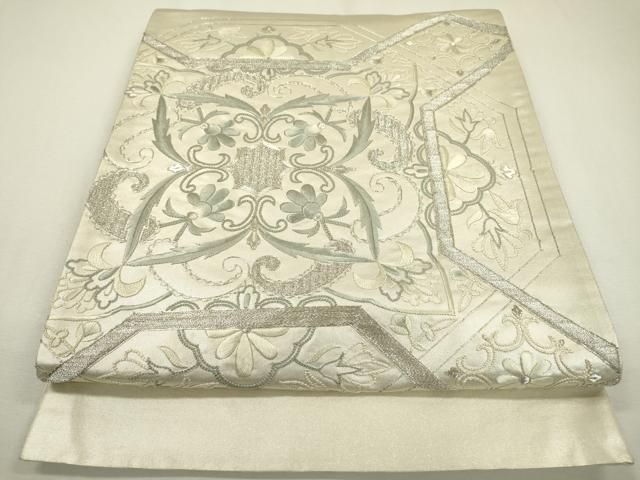 平和屋着物▽太鼓柄袋帯 駒刺繍 総刺繍 花唐草文 銀糸 引箔 正絹 逸品