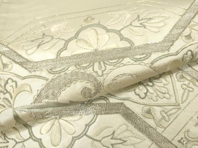 平和屋着物▽太鼓柄袋帯 駒刺繍 総刺繍 花唐草文 銀糸 引箔 正絹 逸品