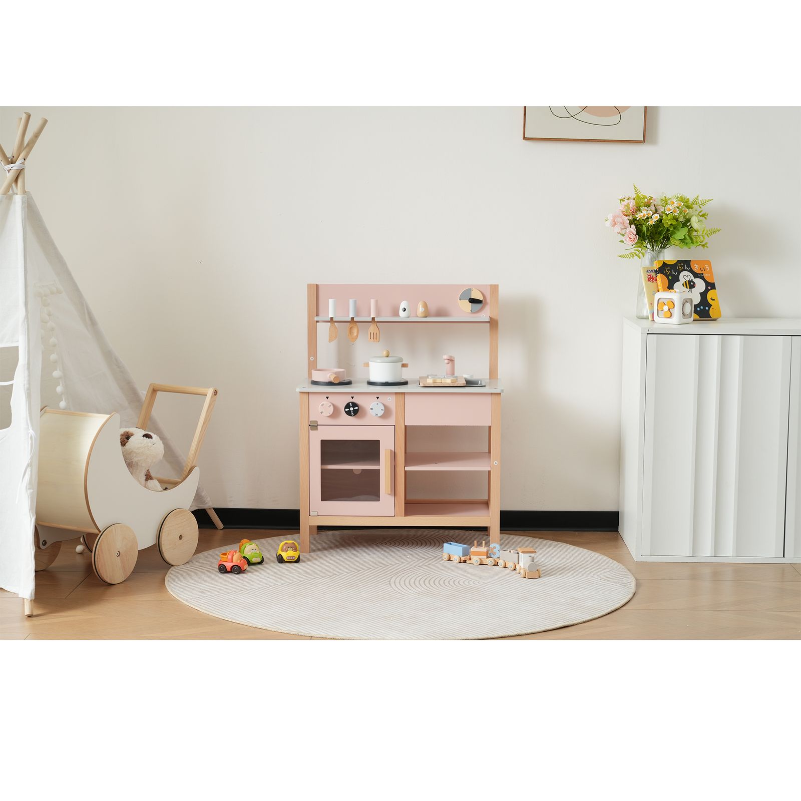 おままごとキッチン 木製 台所 調理器具付 食材 知育玩具 コンロ ミニキッチン おもちゃキッチン ピンク