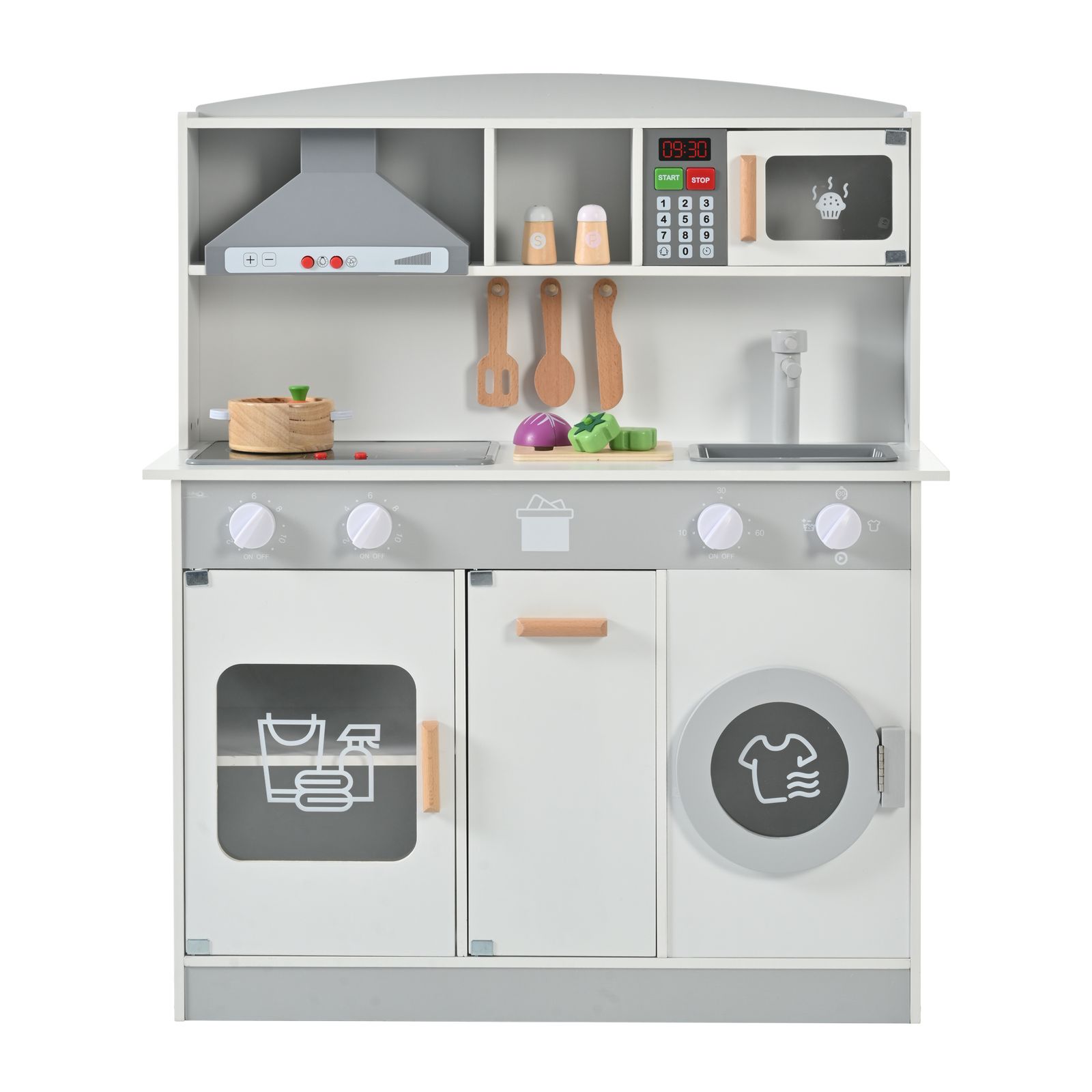 おままごと キッチン 木製 台所 ライト付き 調理器具付き 調味料 食材 野菜 知育玩具 コンロ 電子レンジ  家事 おもちゃ キッズ ベビー 誕生日 プレゼント【ホワイト】