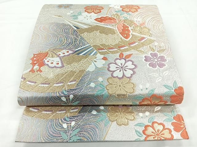 平和屋着物○両面 全通柄袋帯 花兎 荒磯 名物裂 金糸 やまと