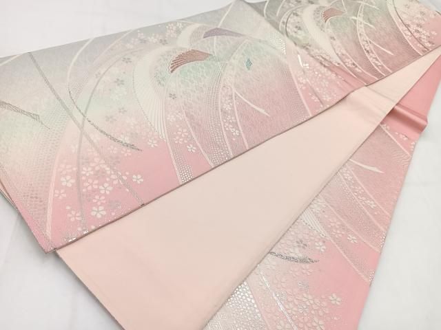 平和屋着物◎六通柄袋帯 唐織 孔雀花文 銀糸 正絹 逸品 BAAV7836yc