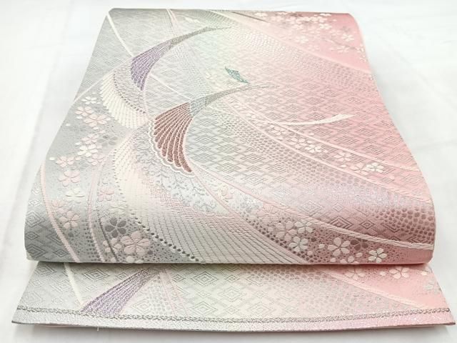 平和屋着物◎六通柄袋帯 唐織 孔雀花文 銀糸 正絹 逸品 BAAV7836yc