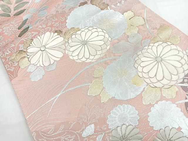 平和屋着物◎六通柄袋帯 駒刺繍 草花文 菊 金銀彩 正絹 逸品