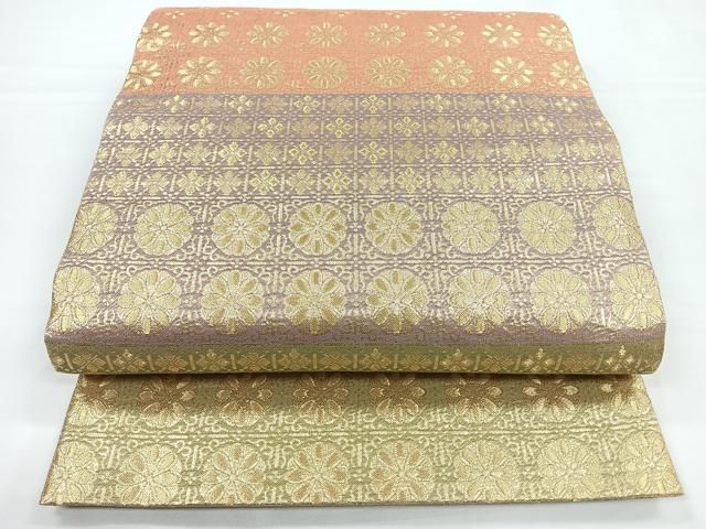 花菱文　金彩　正絹　逸品 平和屋着物◎佐賀錦 六通柄袋帯 横段花菱文 金糸 正絹 逸品 CABB0925nb