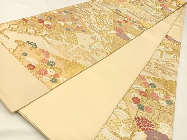 平和屋着物◎六通柄袋帯 唐織 飛鶴有職花文 金糸 正絹 逸品 未使用