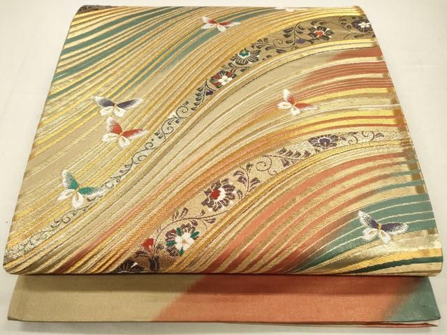平和屋着物◎六通柄袋帯 唐織 流水花蝶文 金糸 正絹 逸品 CABA3810qe