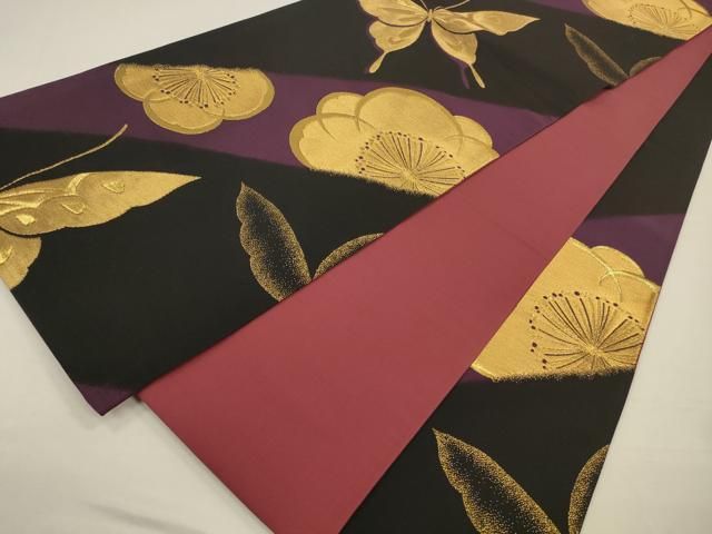 平和屋着物◎六通柄袋帯 花蝶文 梅 黒地 金糸 正絹 逸品 CABA3811qe
