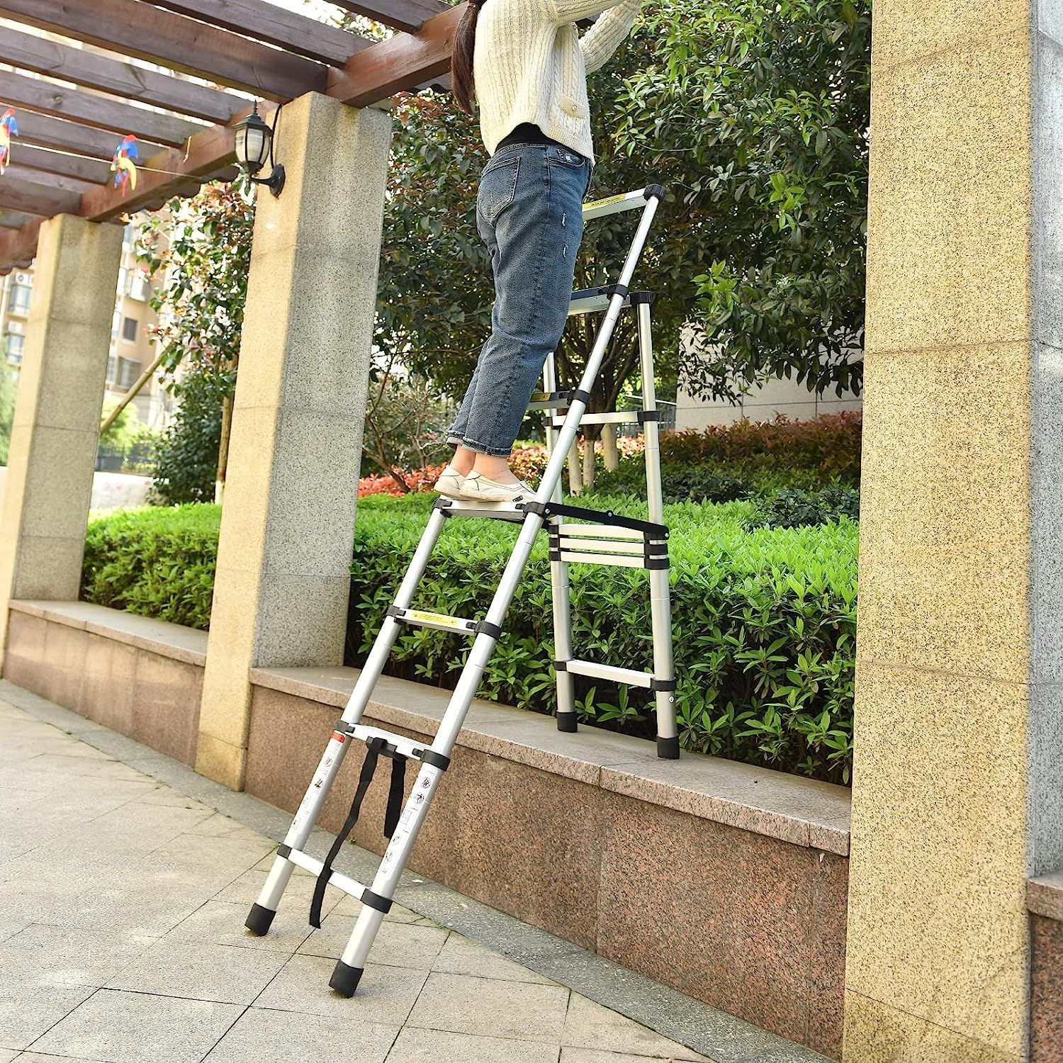 DayPlus 伸縮脚立はしご 最長2.3 m 6段 7段 安定 兼用脚立 踏み台 折りたたみ 折り畳み 伸縮アルミはしご 持ち運びに便利 軽量 耐荷重150 kg 室内室外両用 自動ロック 安全ロック 安全クロスバー スライド式 アルミ梯子 ホーム