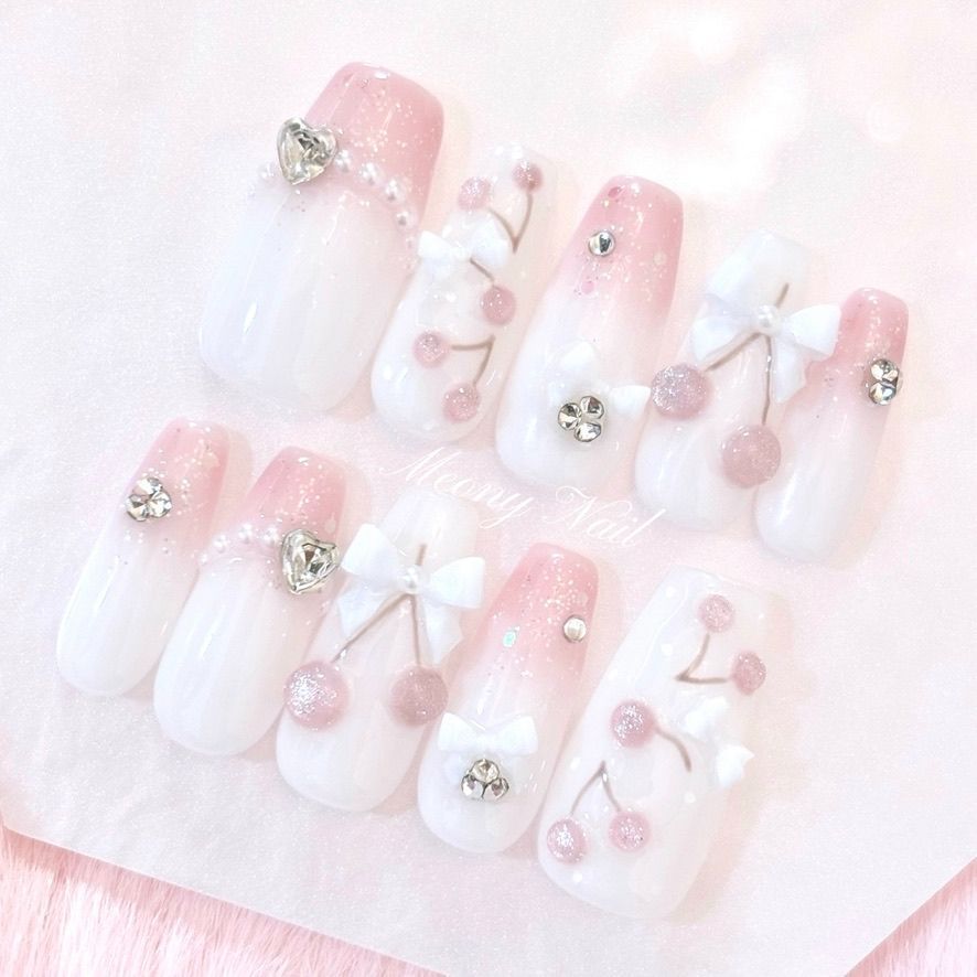 No.101オーダー♡量産型ワンホン韓国フレンチガーリーチェリーネイル