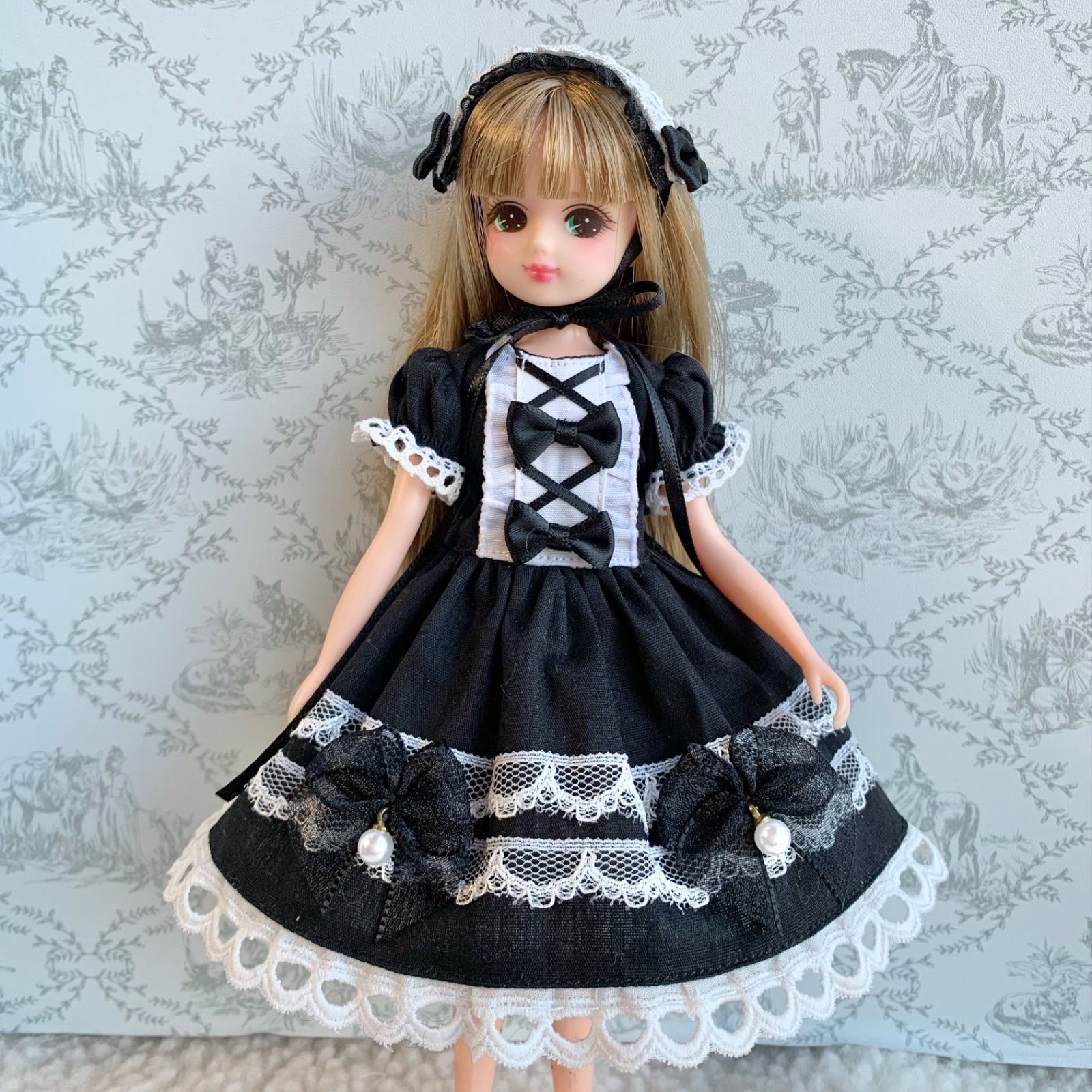 リカちゃん 黒リボン ロリータワンピースセット ヘッドドレス ruruko