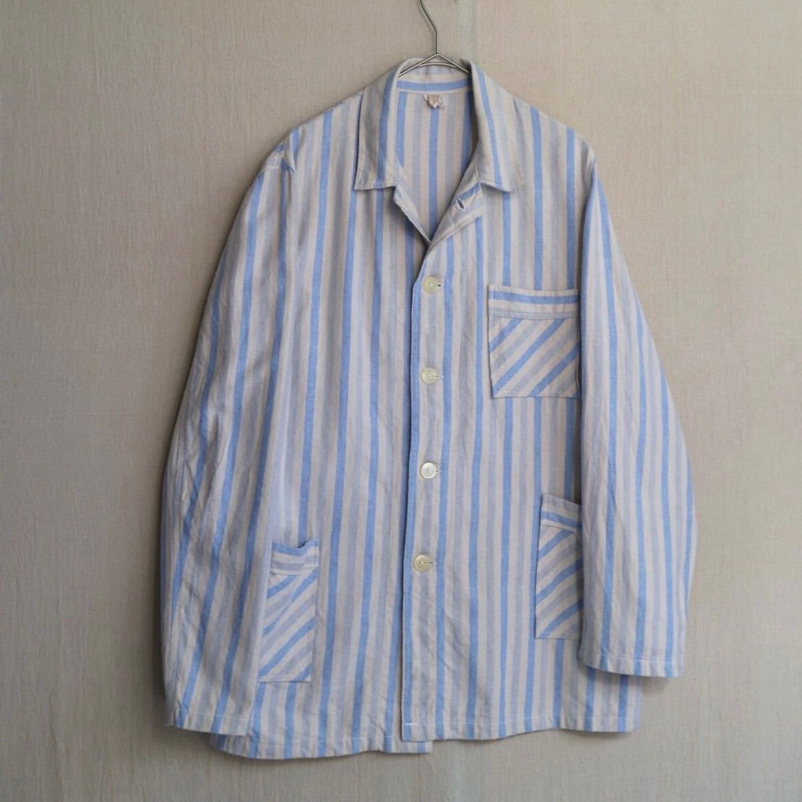 Euro パジャマ シャツ アイボリー ブルー ストライプ オープン ボックス ユーロ ビンテージ T 5 10009 9429