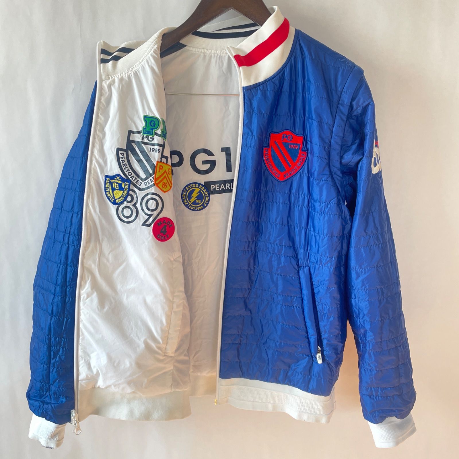 パーリーゲイツ Pertex メンズ 中綿 リバーシブル ゴルフウェア ベスト サイズ5 ブルー ホワイト 軽量 撥水