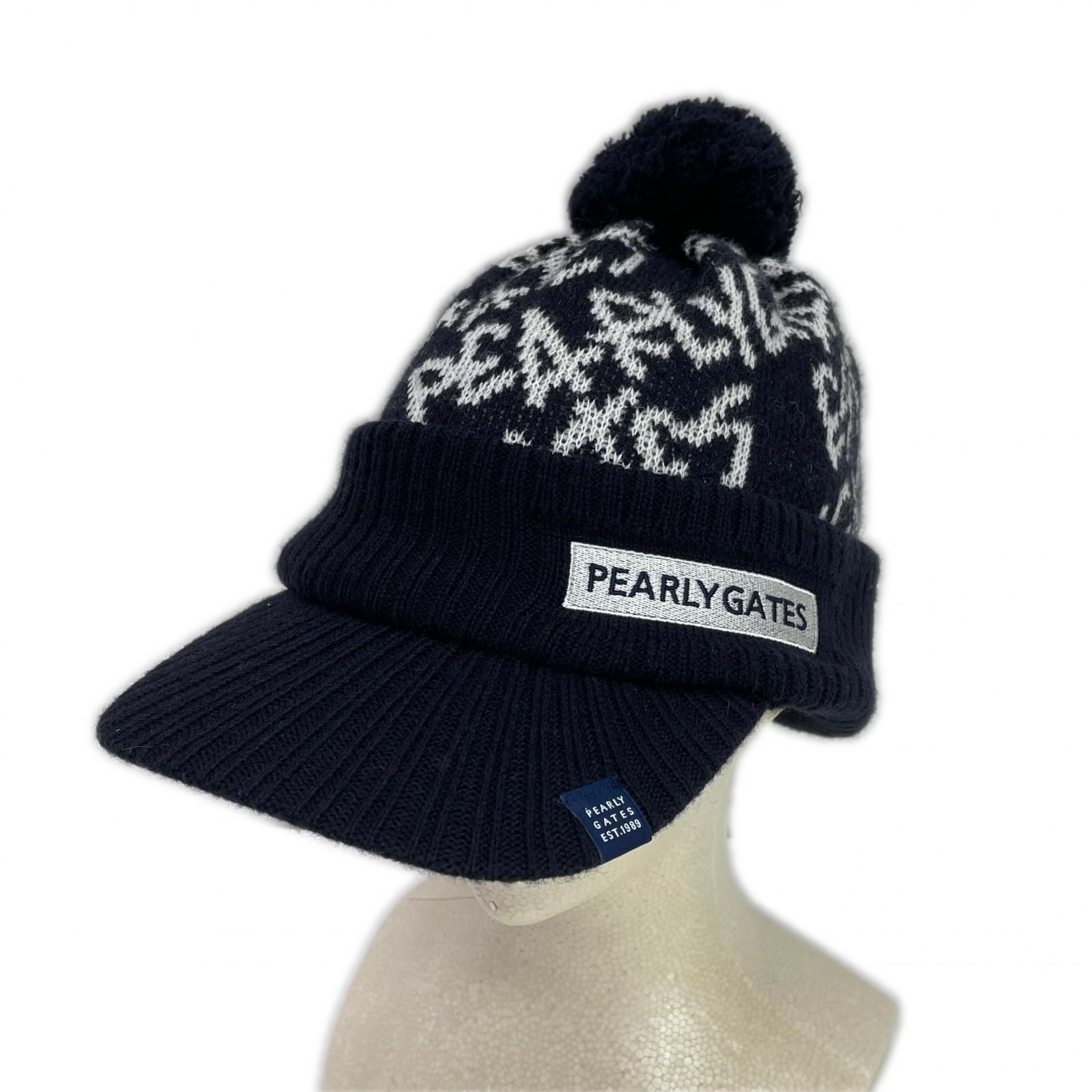 中古 パーリーゲイツ PEARLY GATES つば付ニット帽 フリー ネイビー 紺