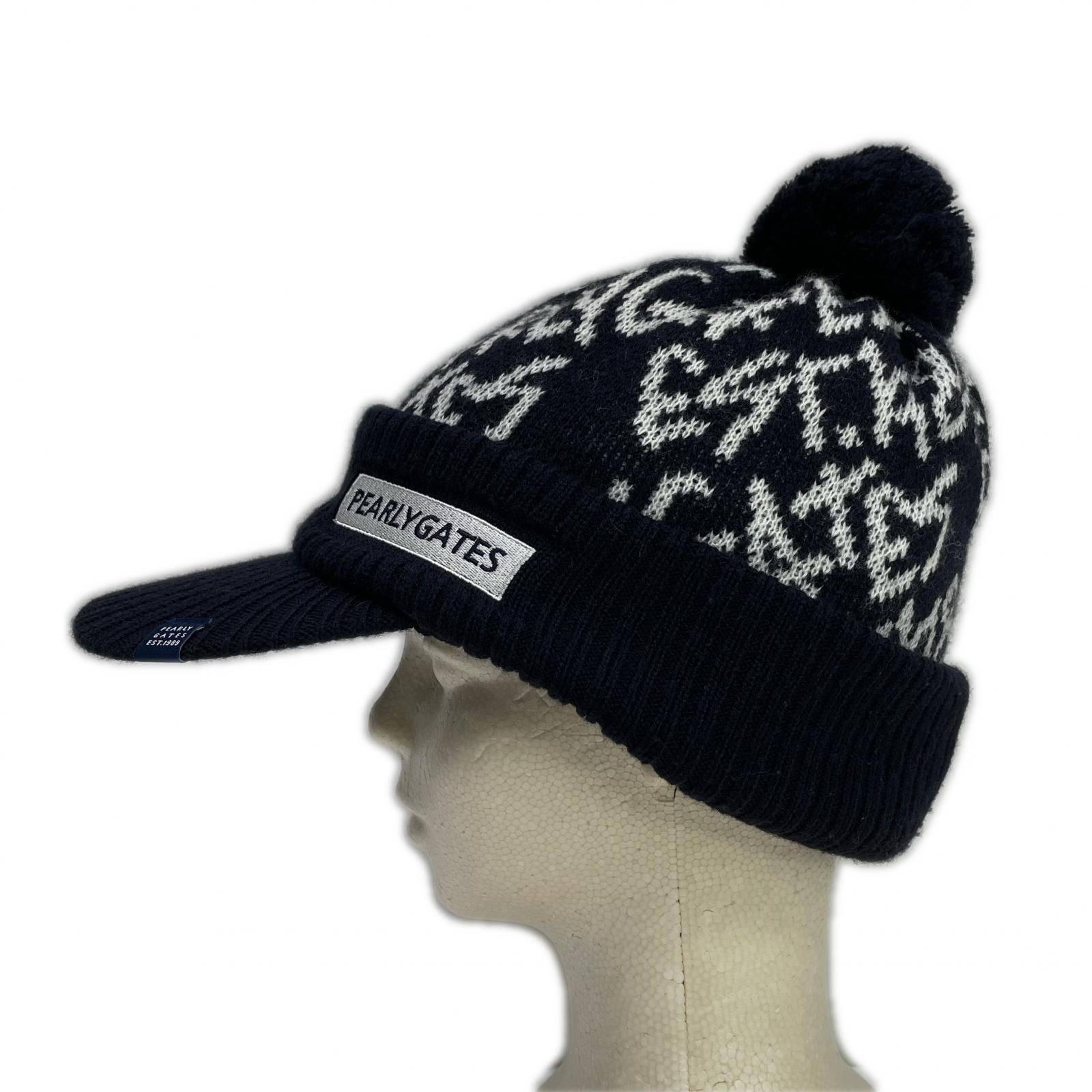 中古 パーリーゲイツ PEARLY GATES つば付ニット帽 フリー ネイビー 紺