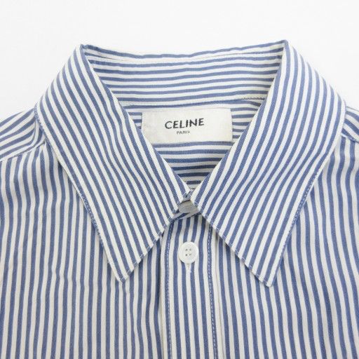 セリーヌ CELINE 近年 シルク シャツ ストライプ 長袖 37 青 白 ブルー 